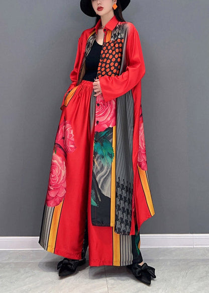 Red Peter Pan Collar Side Open Print Chiffon Long Shirt and Wide Leg Pants Two Piece Long Sleeve