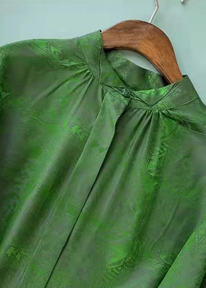 Green Stand Collar Button Jacquard Silk Blouse Tops Long Sleeve