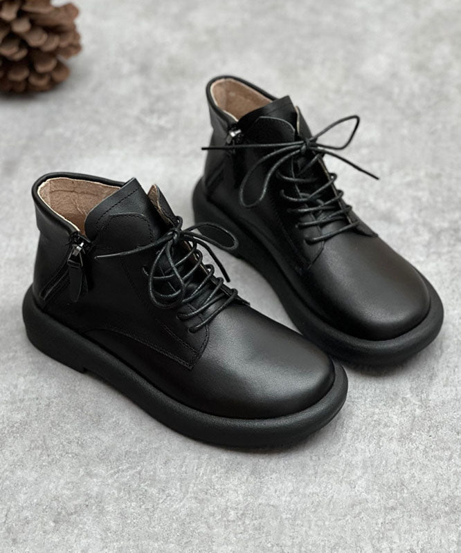 Cowhide Leather Boots Zippered Cross Strap Flat Boots