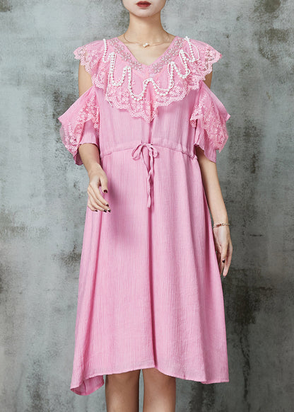 Pink Cold Shoulder Patchwork Chiffon Holiday Dress Summer