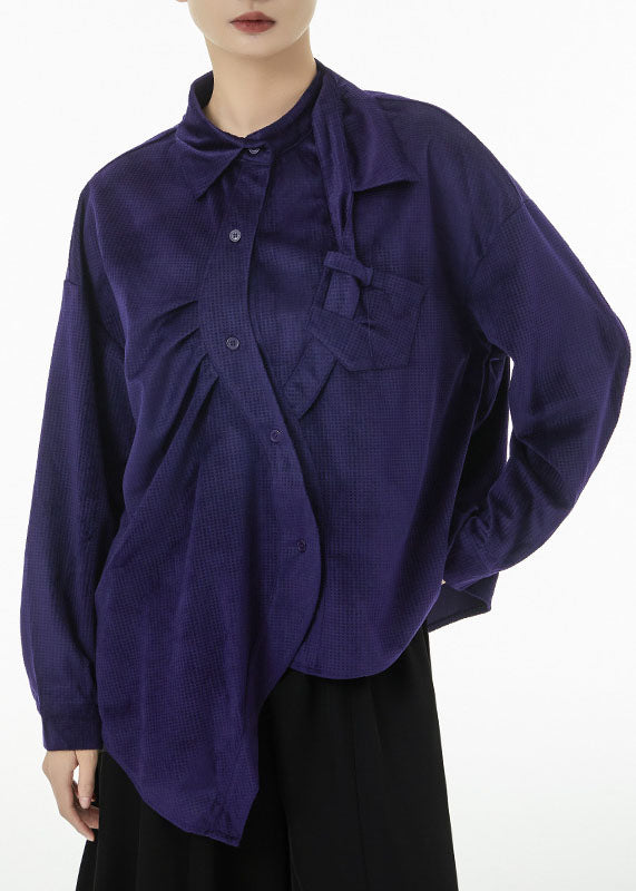 Purple Asymmetrical Design Silk Velour Shirt Top Spring