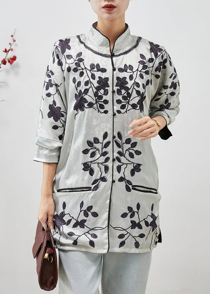 Grey Mandarin Collar Jacquard Silk Shirts Spring