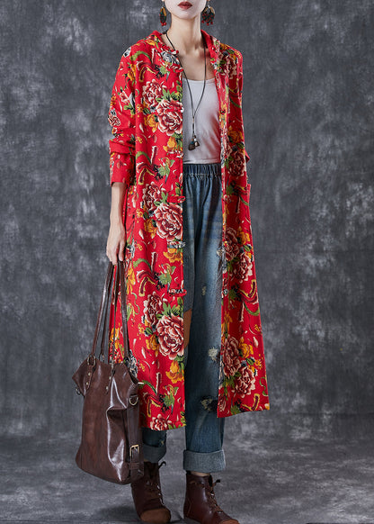 Red Hooded Print Warm Fleece Trench Coat Winter