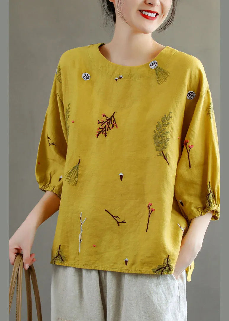 Yellow O-neck Embroideried Linen Tank Top Lantern Sleeve