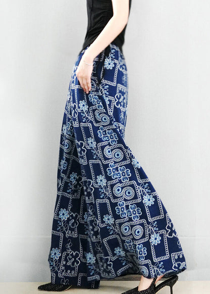 French Navy Print Pockets Oversized Cotton Wide Leg Pants Summer