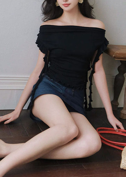 French Black Ruffled Patchwork Cotton T Shirt Tops Summer