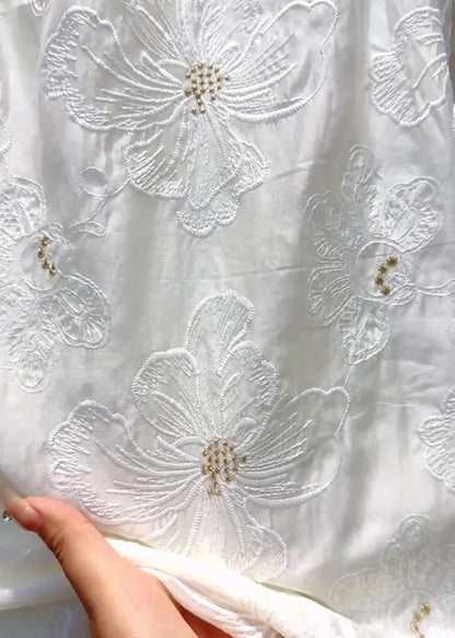 Original Design Beige Embroidered Nail Bead Cotton Top Fall