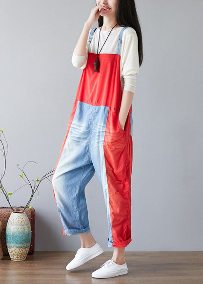 Simple Red Pockets Patchwork Jeans Jumpsuit Spring