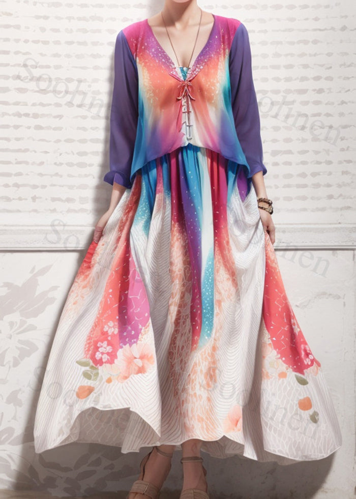 Gradient Color V Neck Print Silk Maxi Dresses Summer