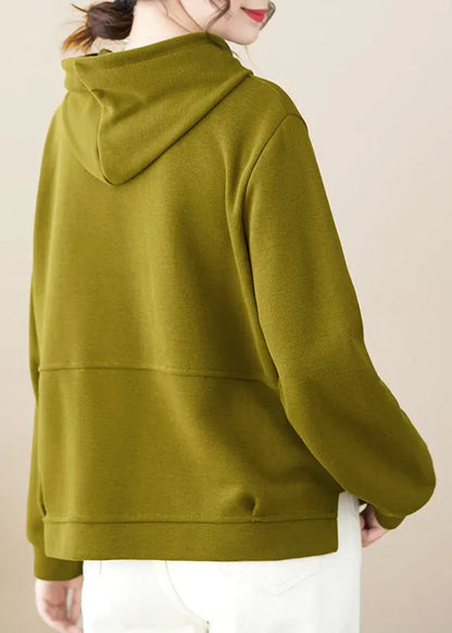 Loose Green Hooded Patchwork Cotton Pullover Fall