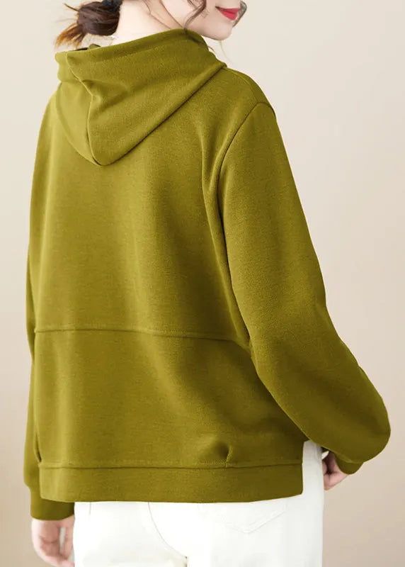 Loose Green Hooded Patchwork Cotton Pullover Fall