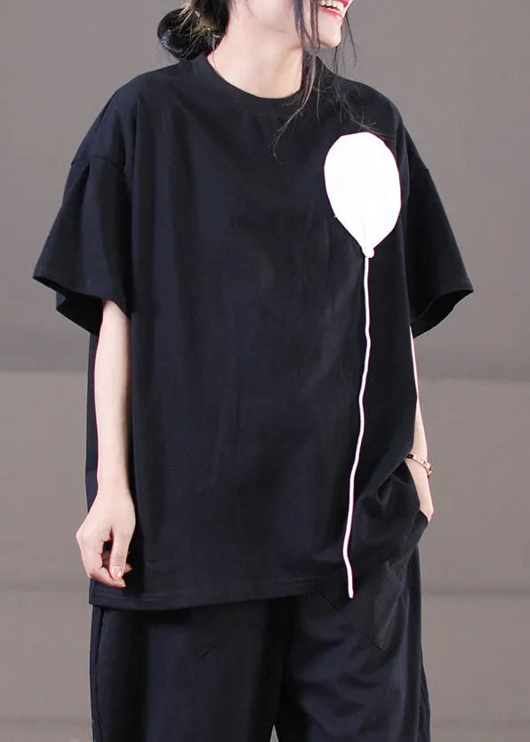 Black O-neck Patchwork Cotton Tanks Short Sleeve