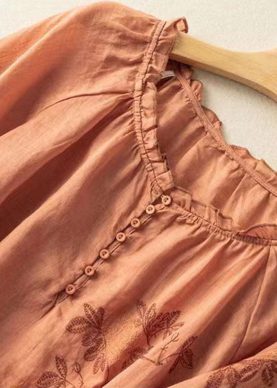 Orange Patchwork Linen T Shirt Embroideried O-neck Half Sleeve