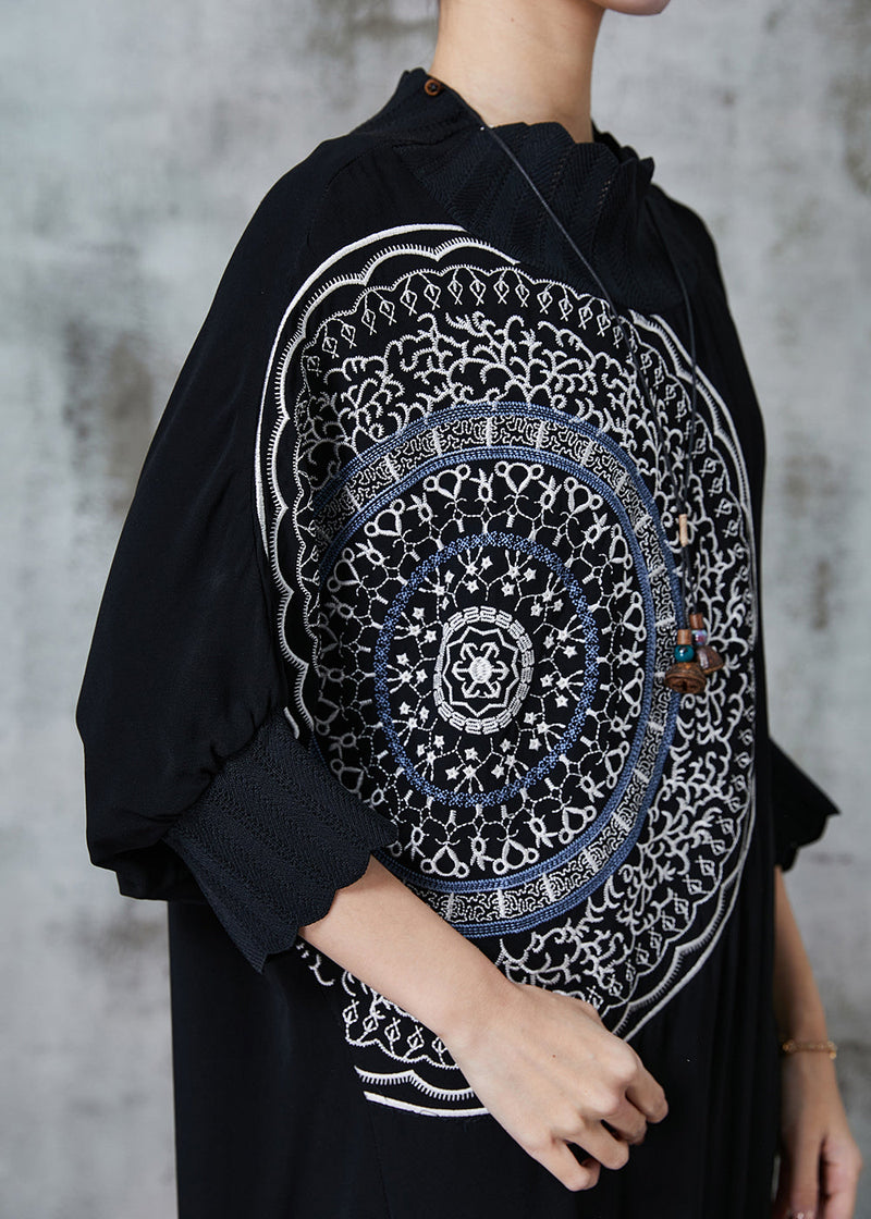 Unique Black Oversized Cotton Maxi Dresses Batwing Sleeve Fall