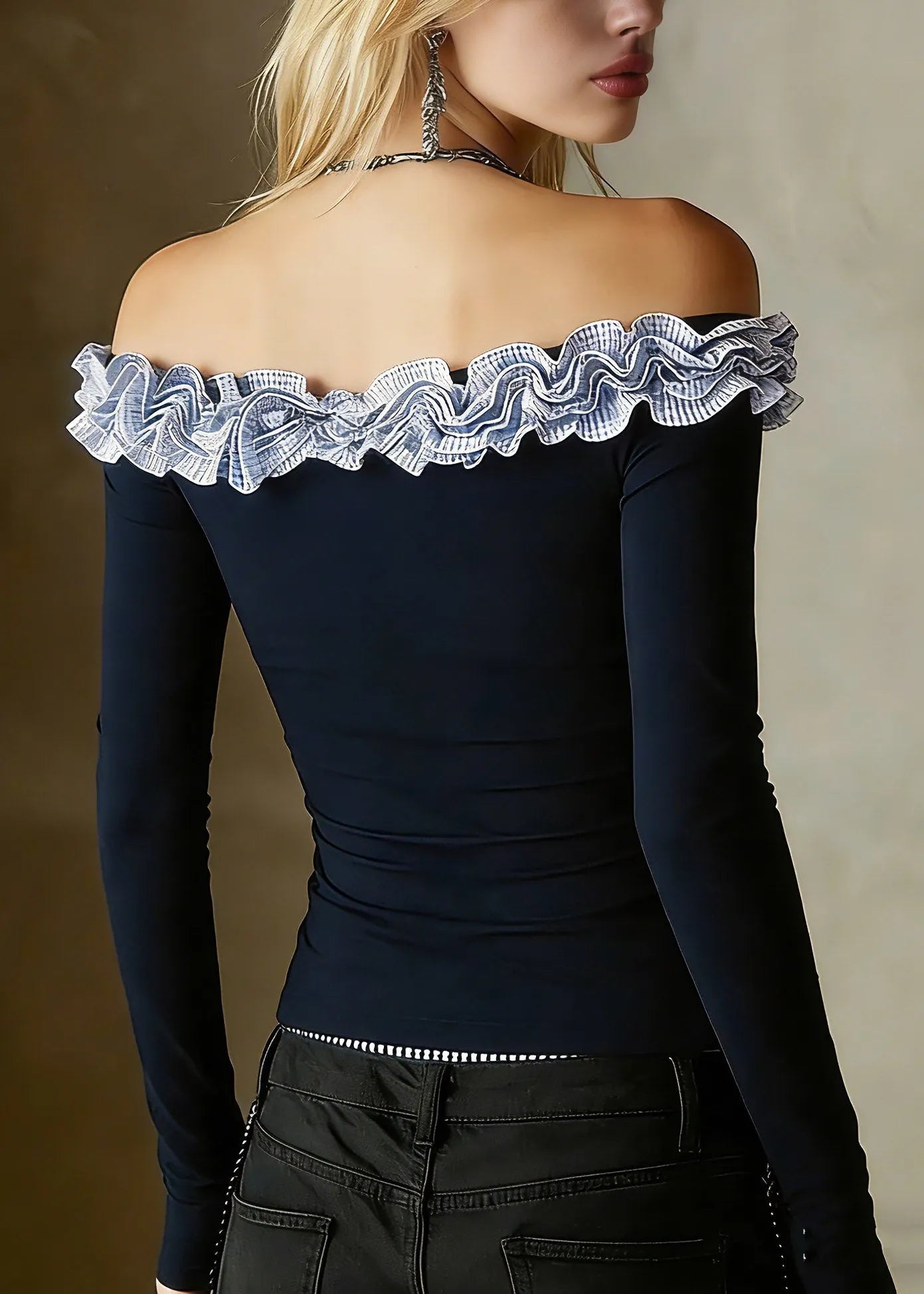 Slim Fit Navy Ruffled Patchwork Top Spring