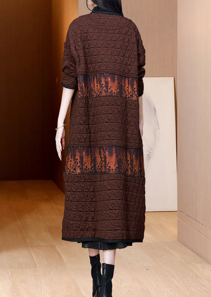 Coffee O Neck Pockets Patchwork Fine Cotton Filled Coat Fall