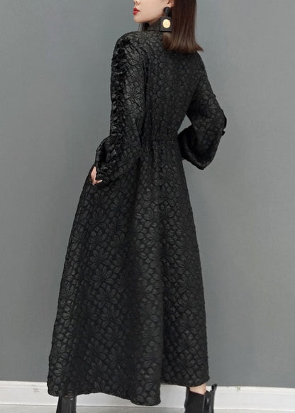 Black Tie Waist Peter Pan Collar Jacquard Long Dress Spring