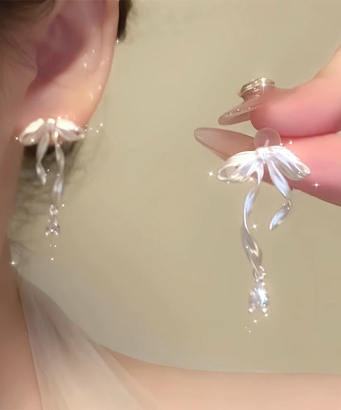 White Copper Alloy Butterfly Silk Ribbon Drop Earrings