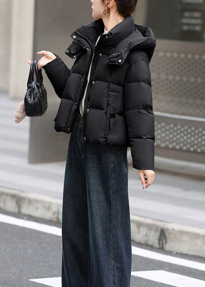 Black Pockets Duck Down Jacket Hooded Winter