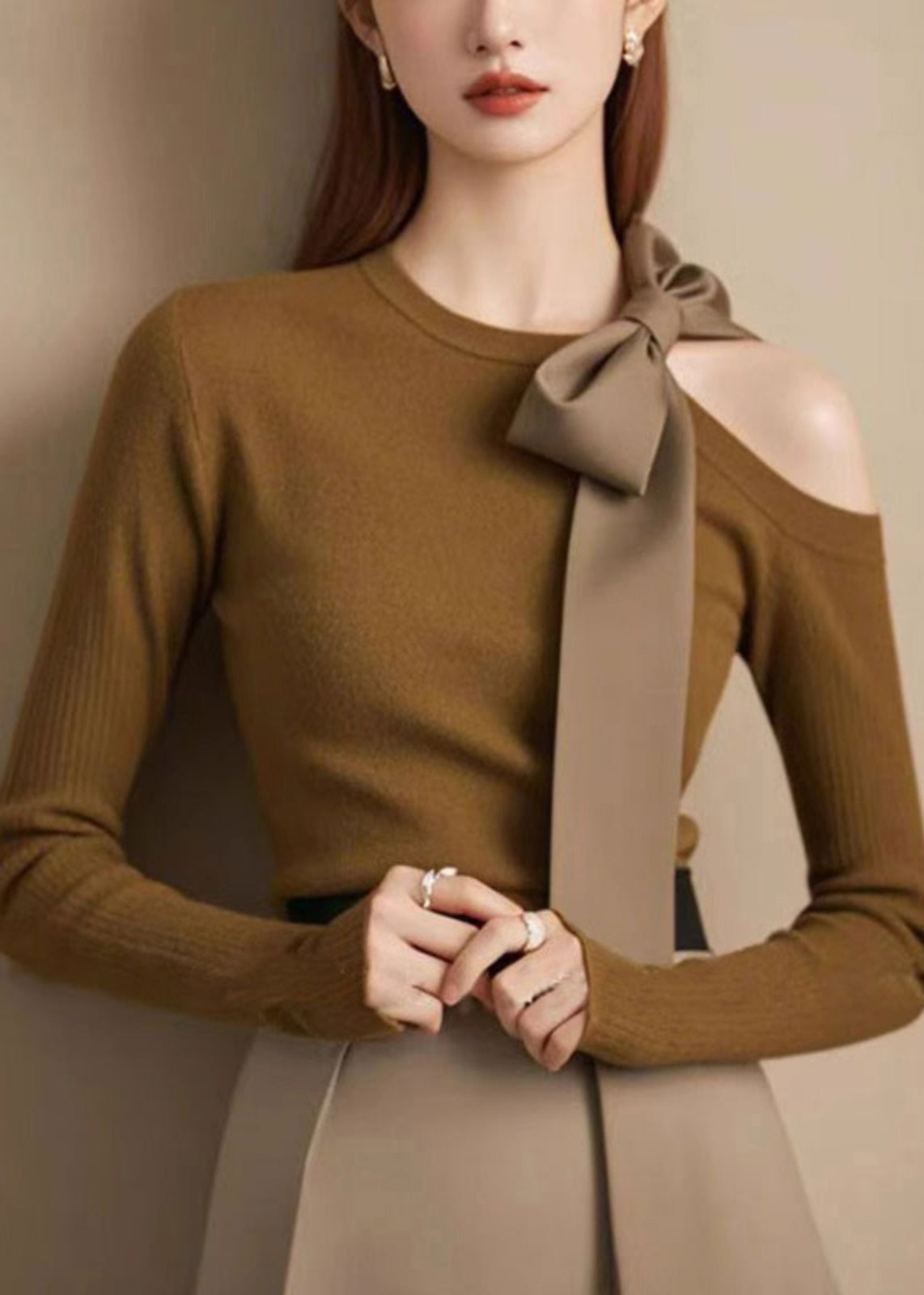 Coffee Cold Shoulder Bow Cotton Knitted Sweaters Winter