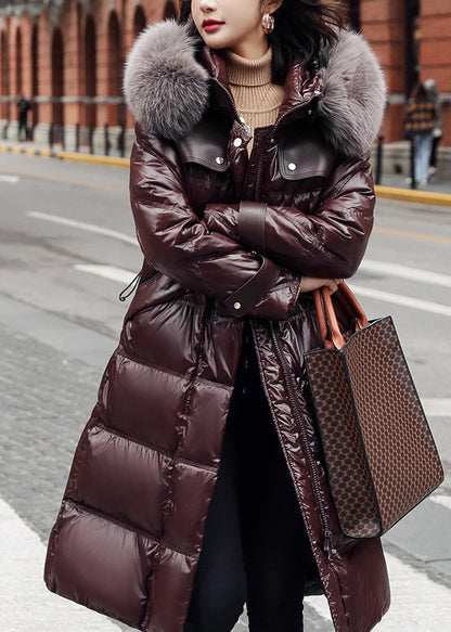 Fitted Black Fox Collar Drawstring Patchwork Zippered Long Duck Down Down Coats Winter