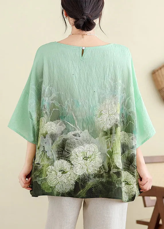 Light Green O Neck Print Cotton T Shirt Batwing Sleeve