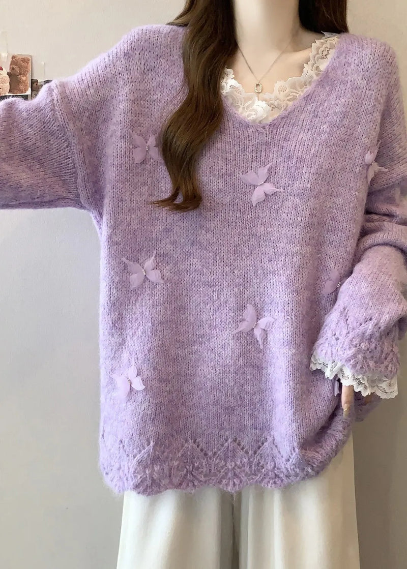 Organic Lavender Oversized Patchwork Butterfly Knit Sweaters Fall