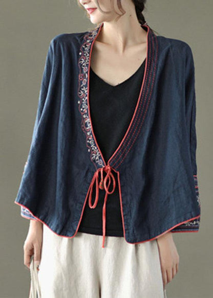 Navy Embroidered Long Sleeve Linen Shirt