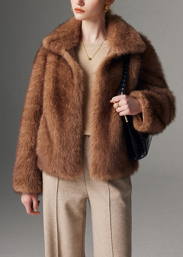 Brown Peter Pan Collar Faux Fur Jacket Winter