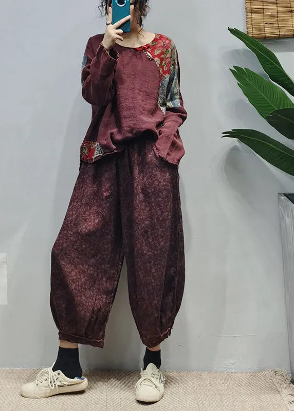 Fine Mulberry Side Open Patchwork Linen Blouses Long Sleeve
