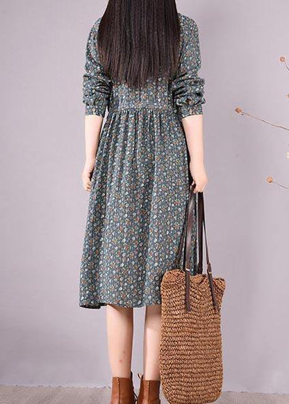 Vivid Green Print Dresses Lapel Drawstring a Line Spring Dress