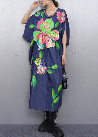 Style Blue Nail Bead Denim Holiday Dress Summer