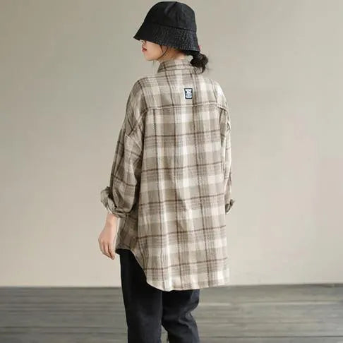 Lapel Patchwork Spring Tunic Pattern Design Khaik Plaid Shirt