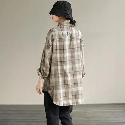 Lapel Patchwork Spring Tunic Pattern Design Khaik Plaid Shirt