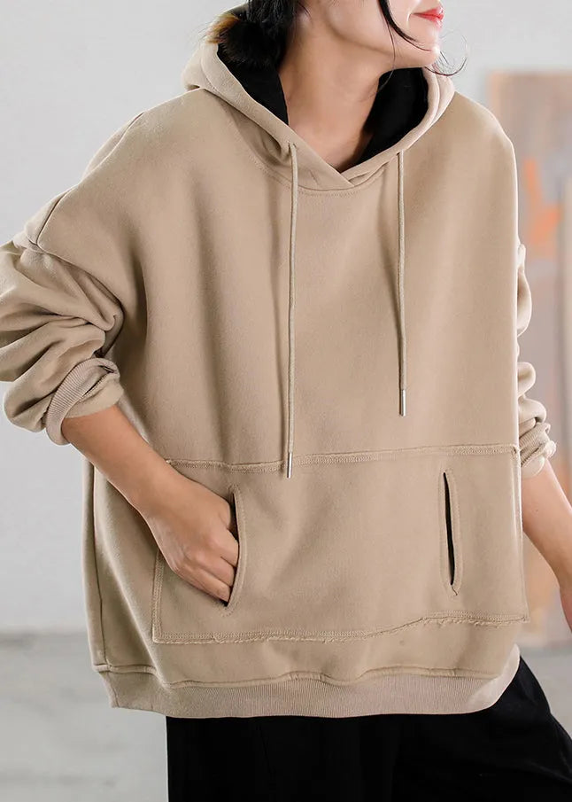 Khaki Patchwork Drawstring Warm Fleece Hoodies Pullover Fall