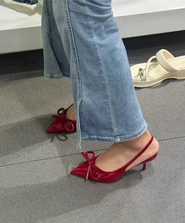 Bow Splicing Stiletto High Heels Red Faux Leather