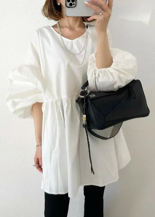 Art White Wear on Both Sides Cotton Shirt Top Lantern Sleeve