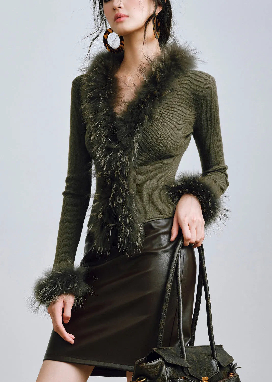 Slim Fit Green Raccoon Hair Collar Wool Knit Knitted Sweaters Winter