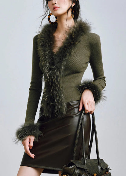 Slim Fit Green Raccoon Hair Collar Wool Knit Knitted Sweaters Winter