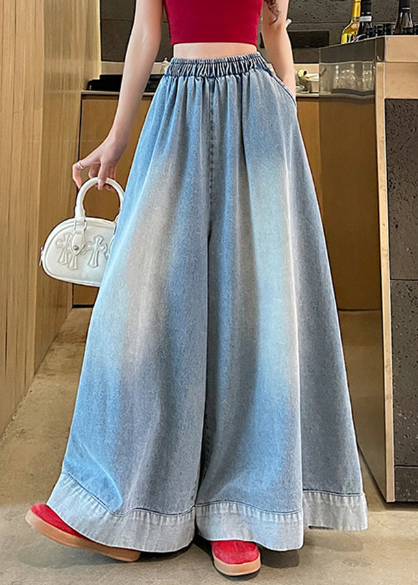 Blue Elastic Waist Pockets Wide Leg Jeans