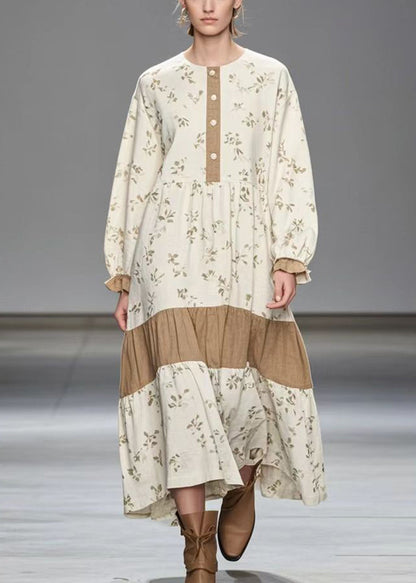 Fitted White Oversized Patchwork Print Velour Long Dresses Spring