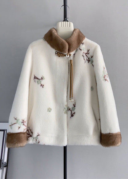 Beige Stand Collar Tasseled Embroideried Mink Cashmere Jackets Winter