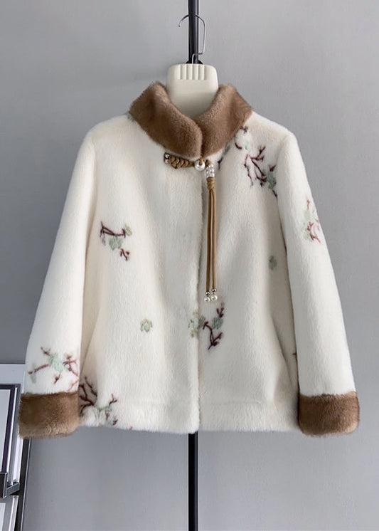 Beige Stand Collar Tasseled Embroideried Mink Cashmere Jackets Winter