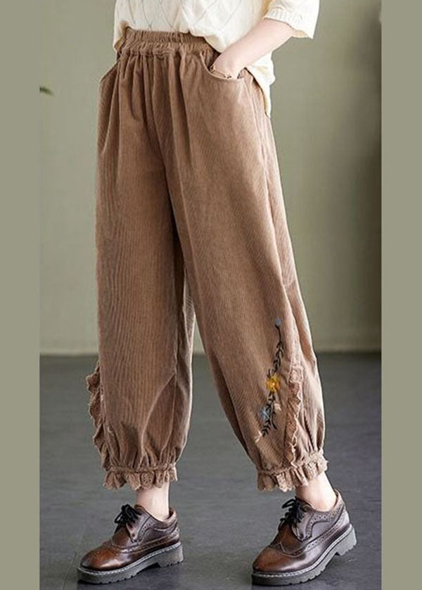 Khaki Embroideried Patchwork Lace Warm Fleece Corduroy Crop Pants Spring