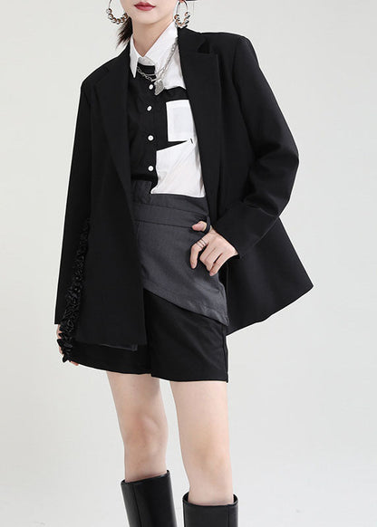 Fitted Black Peterpan Collar Patchwork Asymmetrical Design Fall Long Sleeve Coat