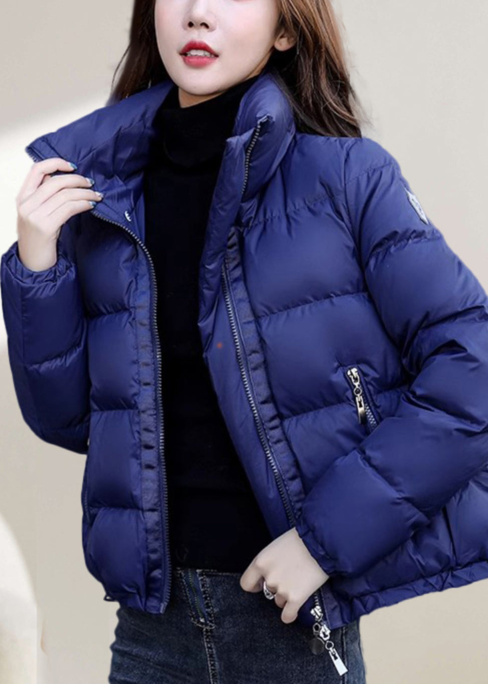 Simple Blue Stand Collar Zip Up Down Coat Winter