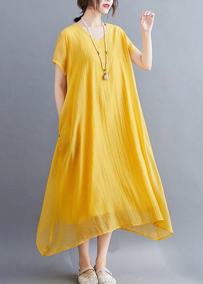 Yellow V Neck Asymmetrical Design Cotton Maxi Dresses Summer