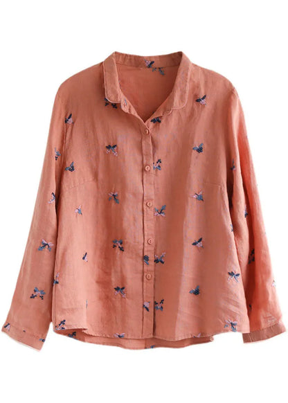 Diy Orange Embroideried Loose Linen Shirts Spring