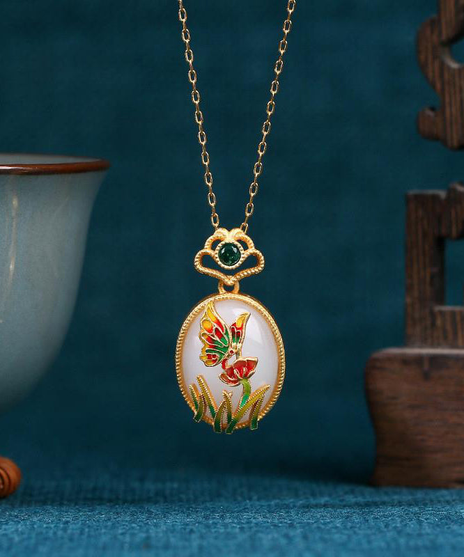 Fine Gold Copper Overgild Jade Crystal Butterfly Pendant Necklace