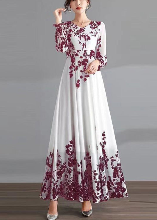 Diy Red O-neck Print Tunic Chiffon Holiday Long Dresses Long Sleeve